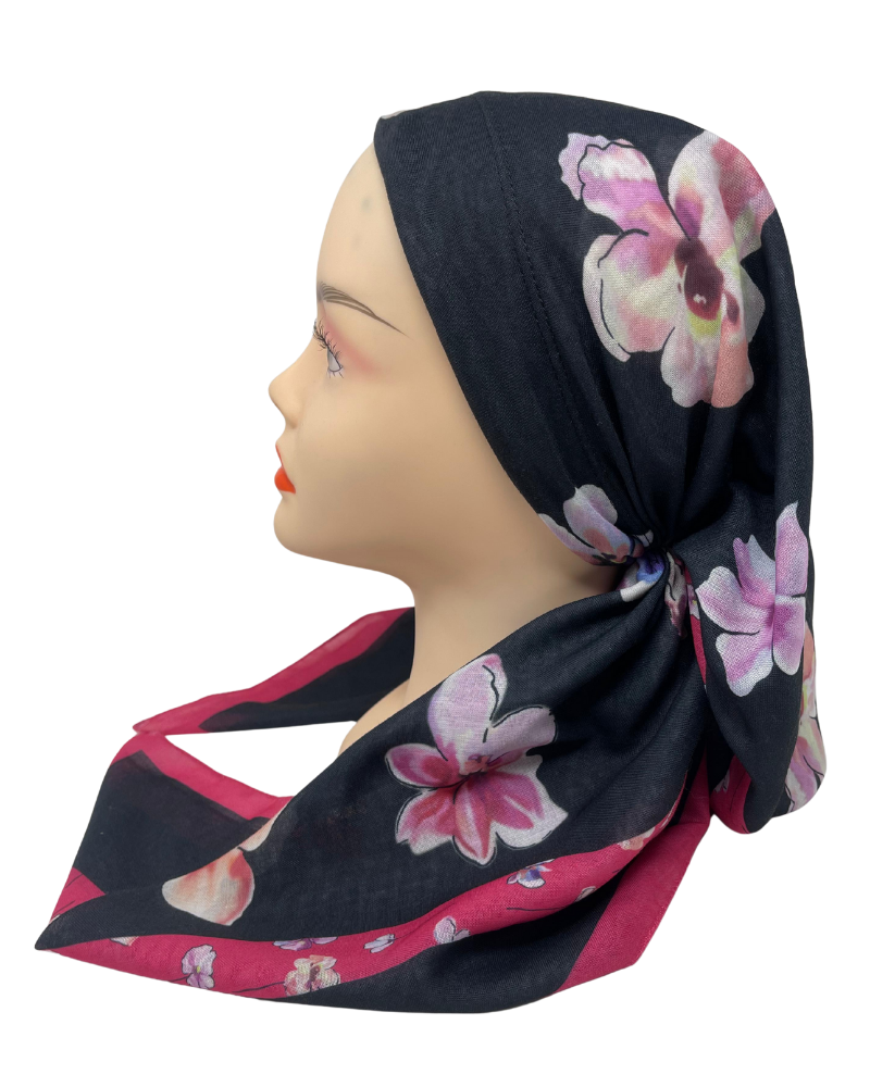 It's Younique OB-FLOW-PI Pink Flower Print on Black Pre-Tied Open Back Bandanna with Velvet Grip Myselflingerie.com