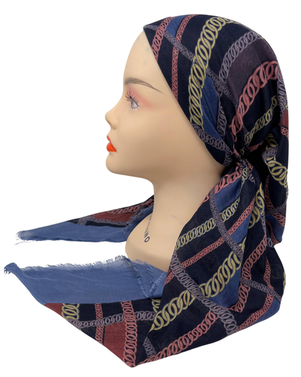 It's Younique OB-CHAI-BL Rows of Chains Blue Border Pre-Tied Open Back Bandanna with Velvet Grip Myselflingerie.com