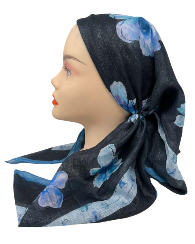 It's Younique OB-FLOW-BK Blue Flower Print on Black Shimmer Pre-Tied Open Back Bandanna with Velvet Grip Myselflingerie.com