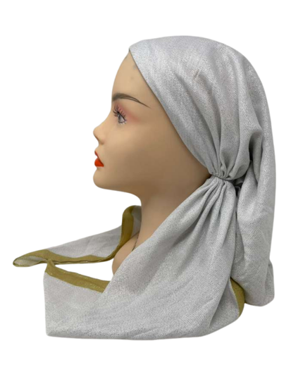 It's Younique OB-BOR-GO White Shimmer Gold Border Pre-Tied Open Back Bandanna with Velvet Grip Myselflingerie.com