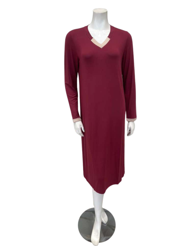 Iora Lingerie Burgundy V Neck Satin Trim Modal Nightshirt