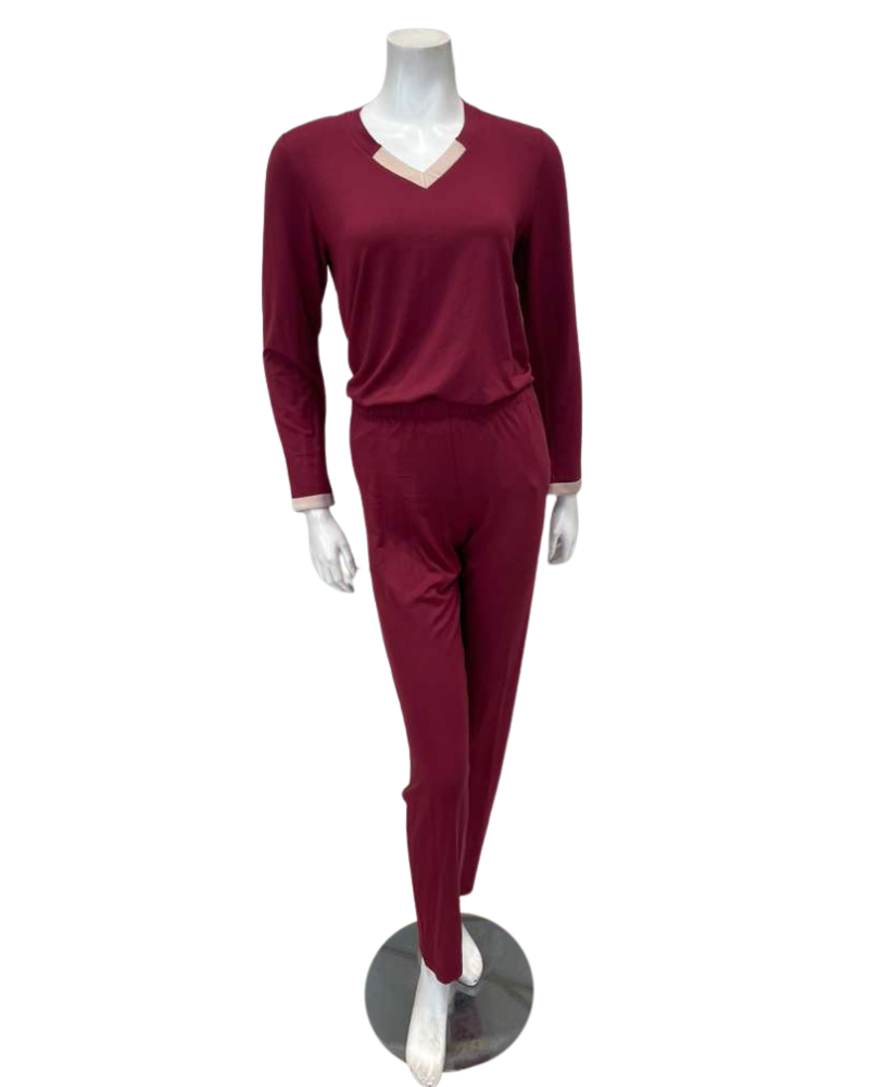 Iora Lingerie Burgundy V Neck Satin Trim Modal Pajamas Set