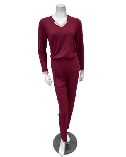 Iora Lingerie 25510 Burgundy V Neck Satin Trim Modal Pajamas Set Myselflingerie.com