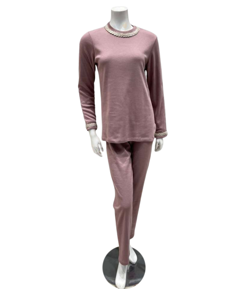 Iora Lingerie Dusty Pink Braided Trim Fleece Lined Pajamas Set