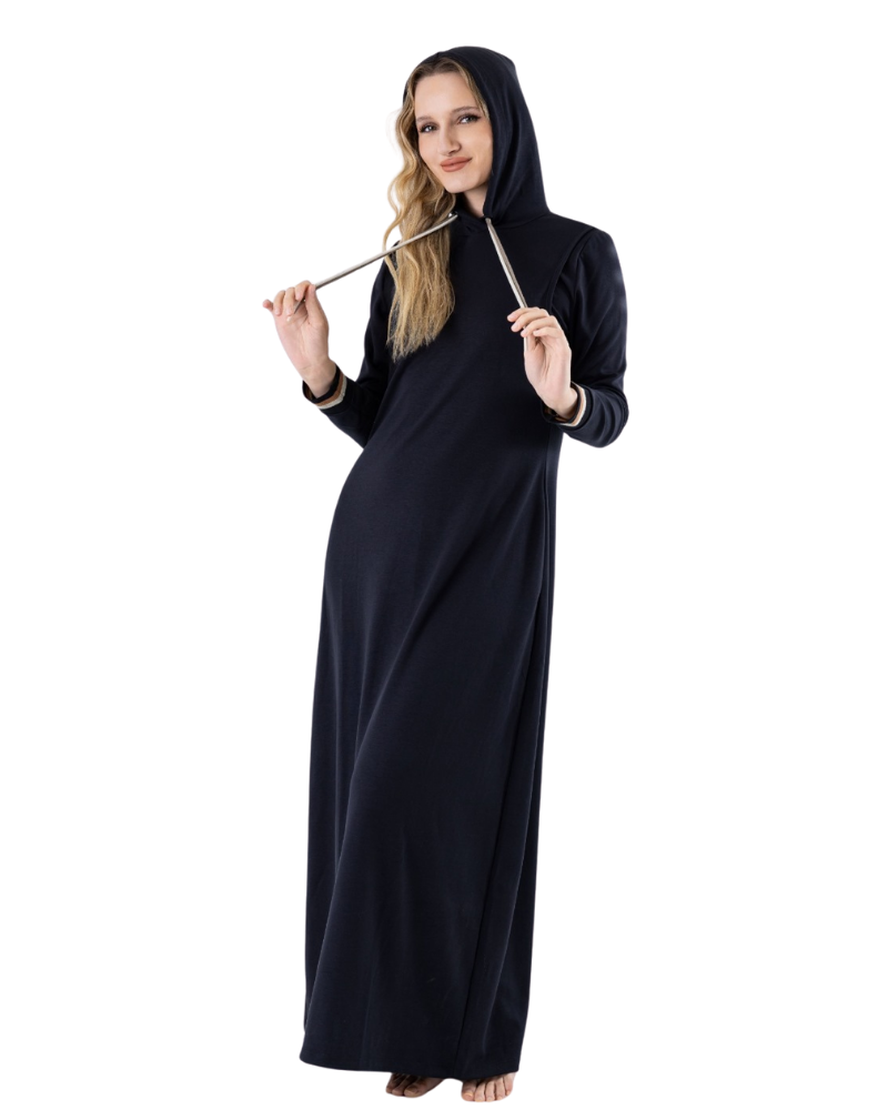Chicolli LR6090 Black Utility Coverall Nursing Morning Robe Lounger with Hood Myselflingerie.com