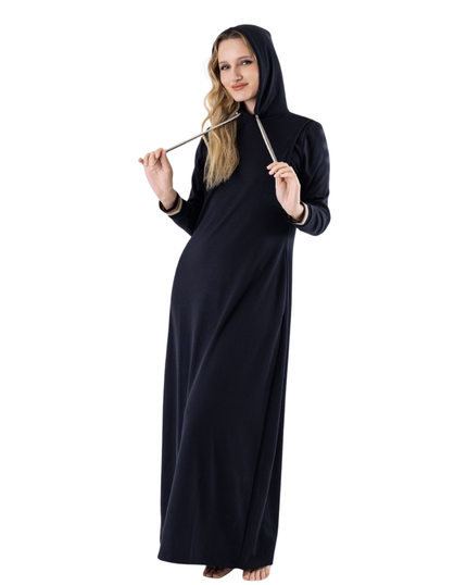 Chicolli LR6090 Black Utility Coverall Nursing Morning Robe Lounger with Hood Myselflingerie.com