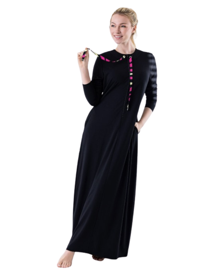 Chicolli LR6091 Black Scarf Front Zip Morning Robe Lounger Myselflingerie.com
