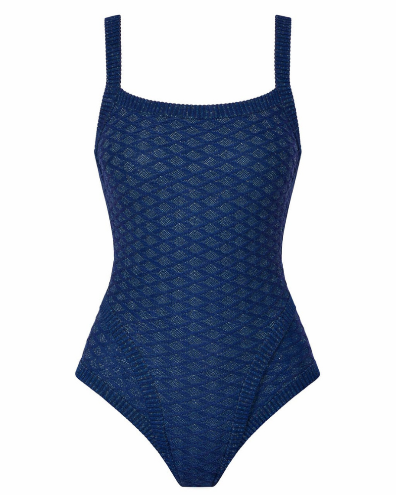 Gottex 26SU115 Navy/Turquoise Scaled Up Knit Square Neck Swimsuit Myselflingerie.com