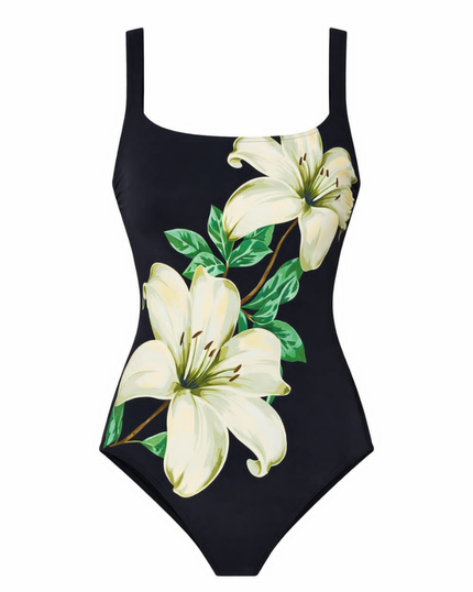 Gottex 26YU173U Black/Cream Yuri Flower Print Square Neck Swimsuit Myselflingerie.com