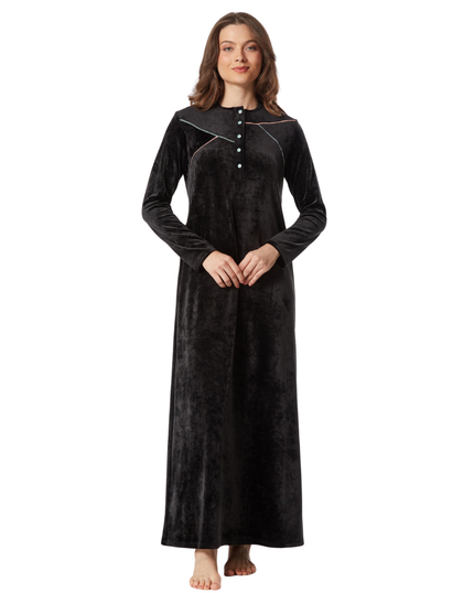 Pen-ky Black Velour Topstitch Button Down Nightgown