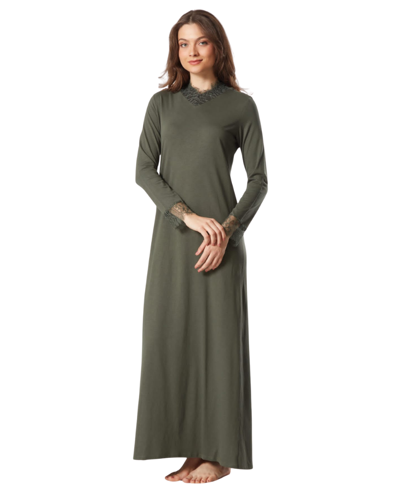 Pen-ky Khaki Sheer Lace V Neck Pull On Modal Nightgown