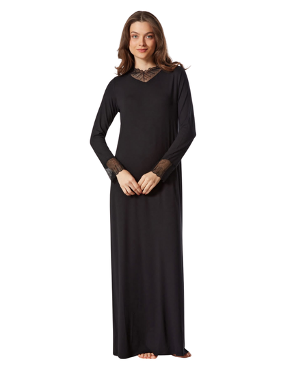 Pen-ky Black Sheer Lace V Neck Pull On Modal Nightgown