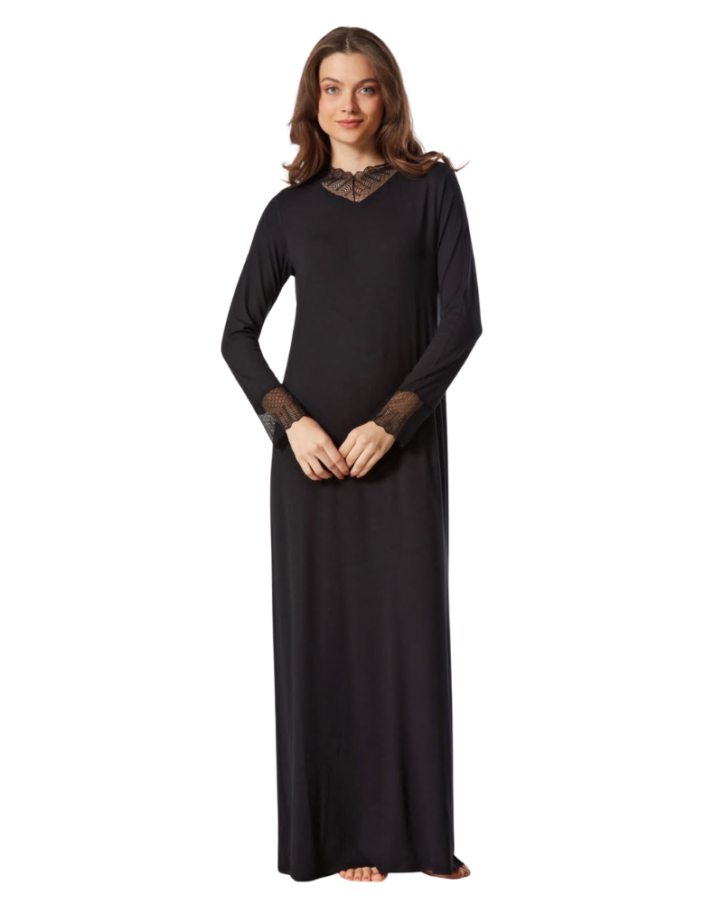 Pen-ky Black Sheer Lace V Neck Pull On Modal Nightgown