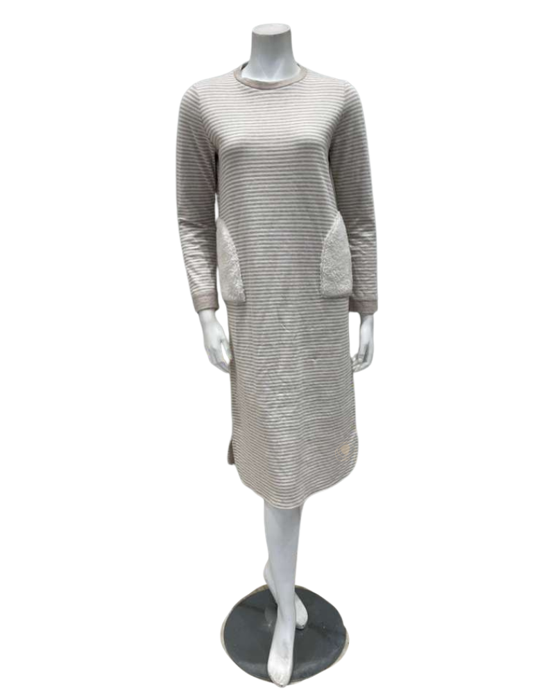 Iora Lingerie Beige/White Striped Sherpa Pockets 100% Cotton Nightshirt