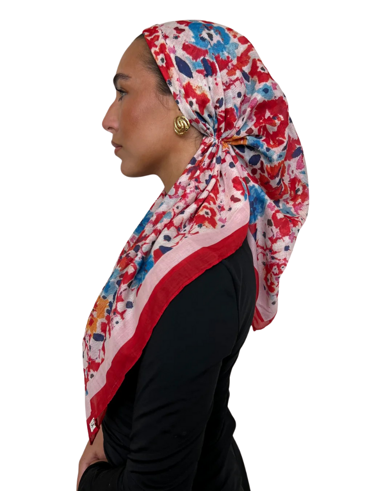 Scarf Bar Red Riviera Bloom Open Back Adjustable Pre-Tied Bandanna with Velvet Grip Myselflingerie.com