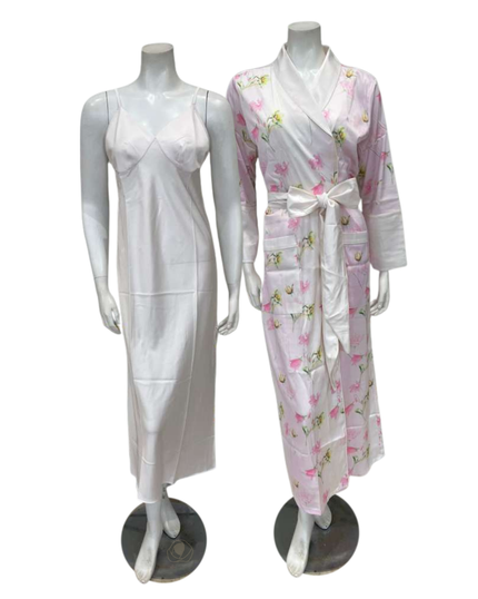 Isayes Lingerie 300347 + 180157 Pink Floral Print Poly Silk Gown & Robe Set Myselflingerie.com