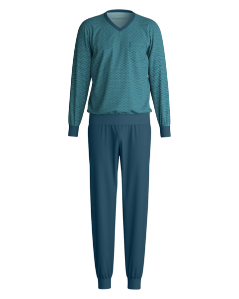 Calida 46487 #559 Deep Petrol Relax Comfy Men's 100% Cotton Pajamas Set with Cuff Myselflingerie.com
