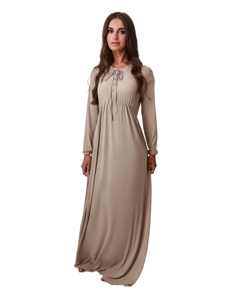 Rojo London Ellie Toffee Colored High Waisted Modal Nightgown with Shoelace Closure Myselflingerie.com