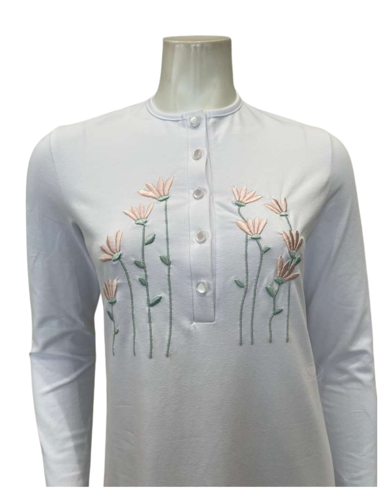 Pen-ky White Embroidered Flowers Button Down Cotton Nightgown