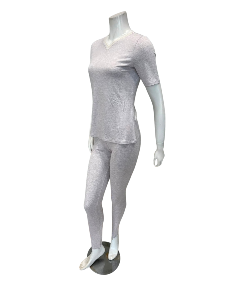 Oh! Zuza Beige V Neck Modal Short Sleeves with Leggings Pajamas Set