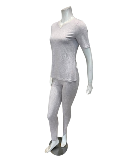 Oh! Zuza Beige V Neck Modal Short Sleeves with Leggings Pajamas Set