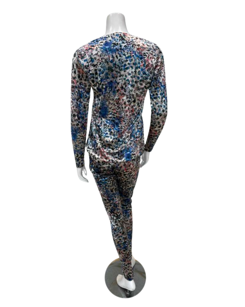 Jackie O'Loungewear Multi Blue Velvet Printed V Neck Long Sleeve Velour Pajamas Set