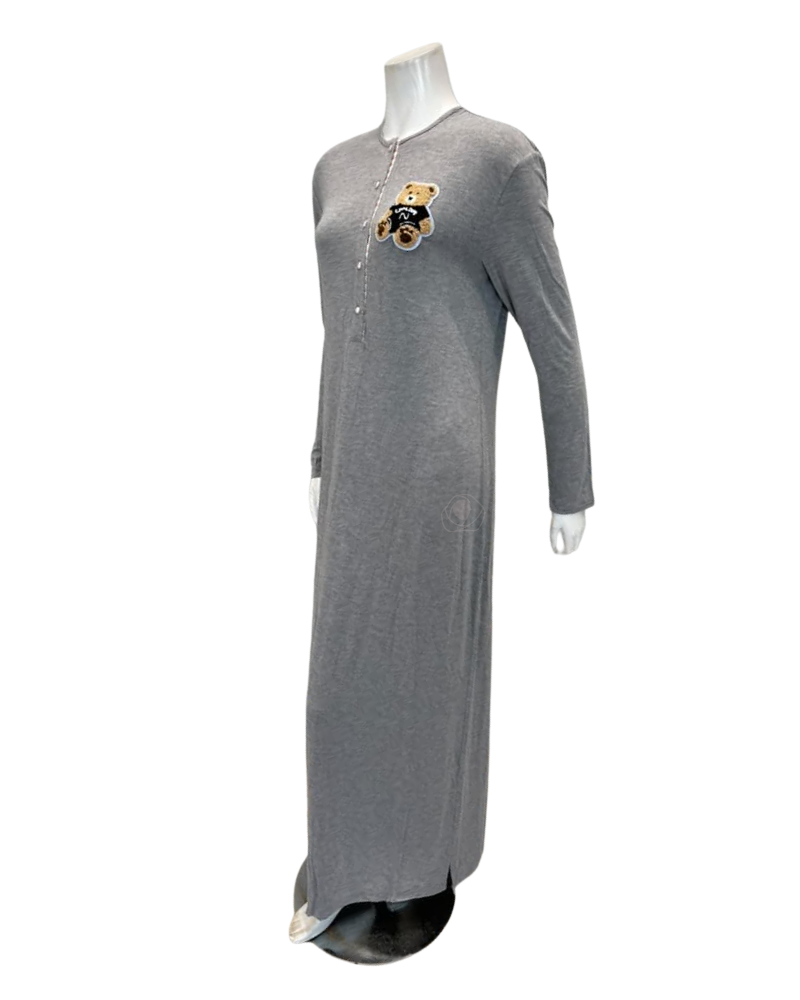 Angelice Grey Teddy with Striped Placket Button Down Modal Nightgown