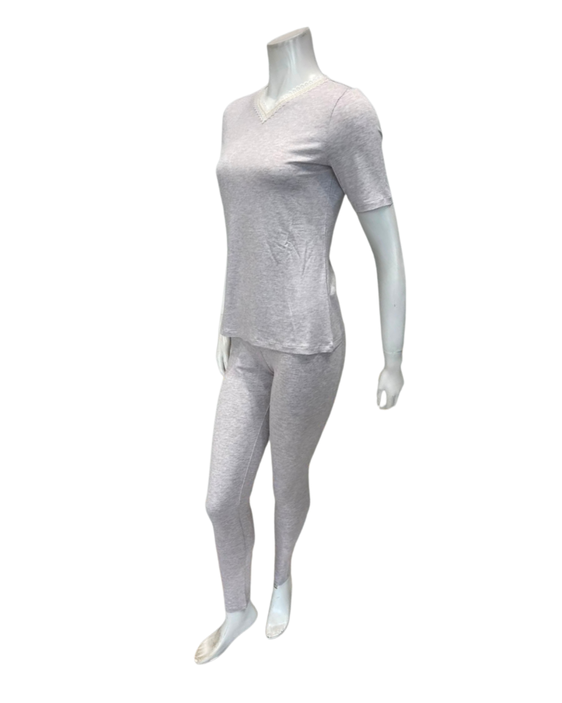 Oh! Zuza Beige V Neck Modal Short Sleeves with Leggings Pajamas Set