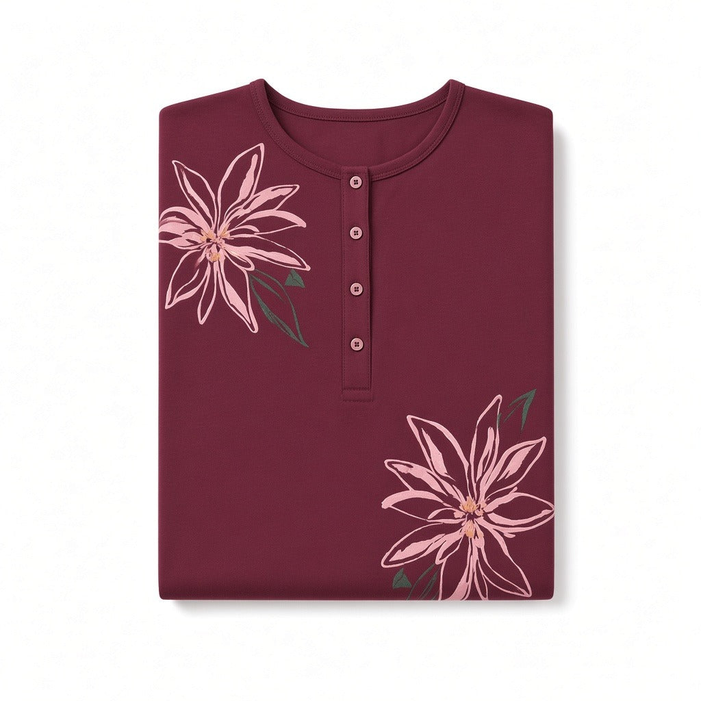 Folded Pen-ky Cherry Flower Bursts Button Down Cotton Blend Nightgown