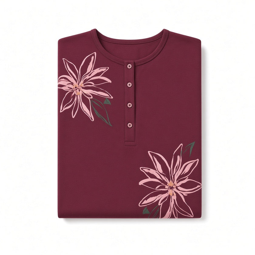 Folded Pen-ky Cherry Flower Bursts Button Down Cotton Blend Nightgown