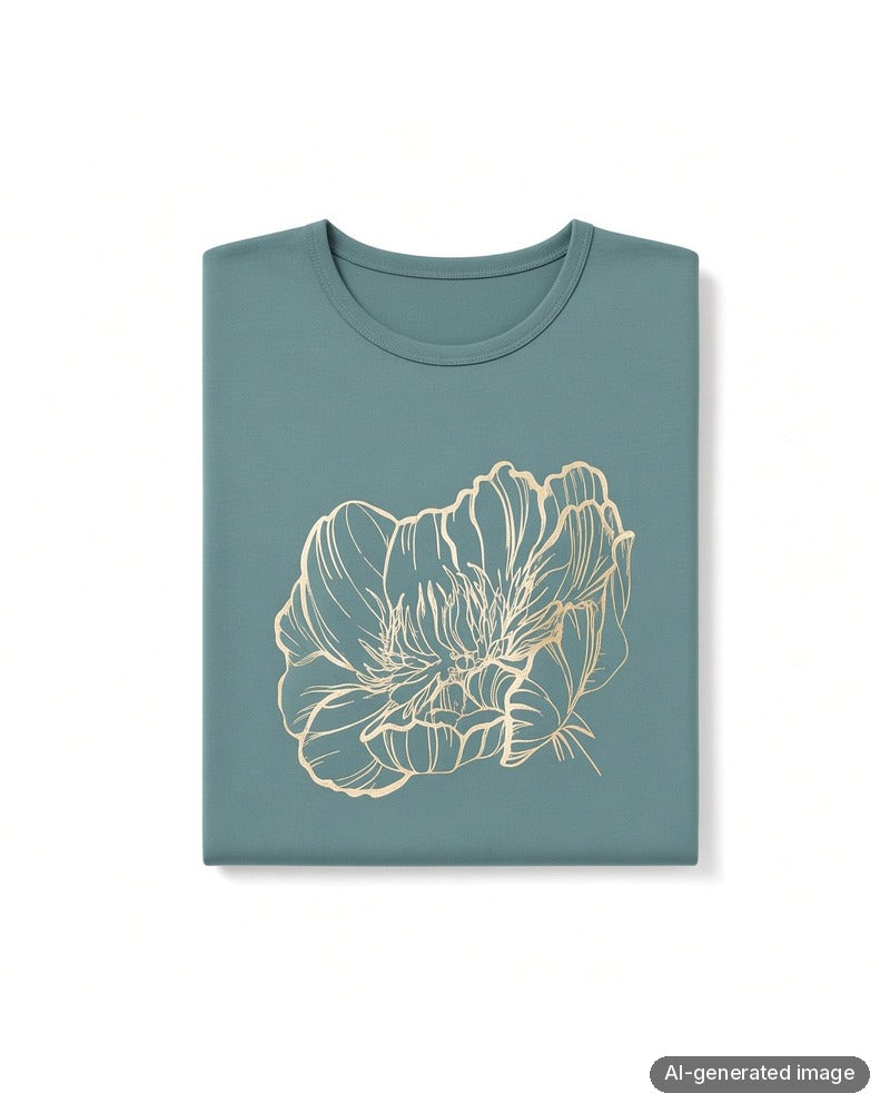 Folded Pen-ky Pine Green with Gold Foil Blossoming Rose Pull On Cotton Nightgown