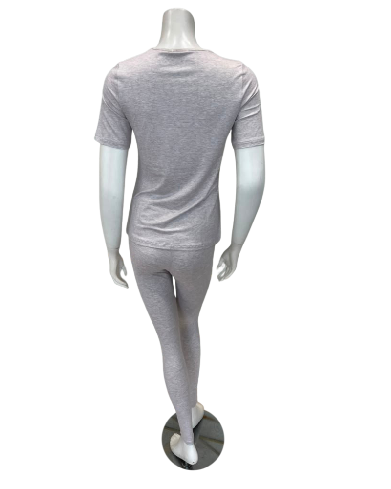 Oh! Zuza Beige V Neck Modal Short Sleeves with Leggings Pajamas Set