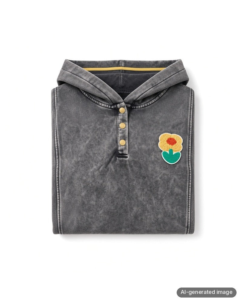 Folded The Star Story Black Chambray Neon Flower Cotton Teen Hoodie