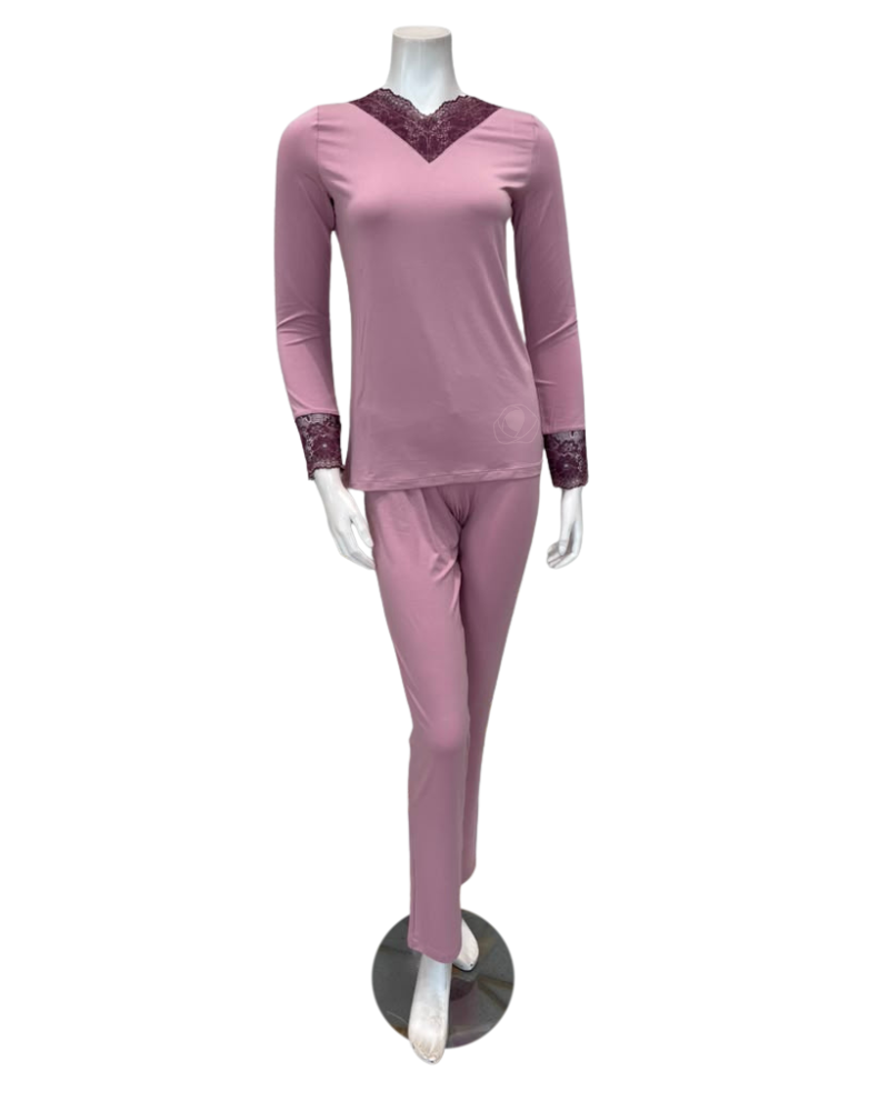 Oh! Zuza Lilac Swirl Design Lace V Neck Modal Pajamas Set