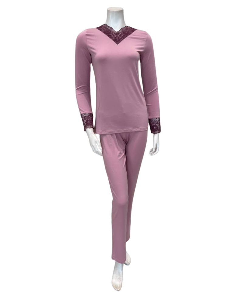 Oh! Zuza Lilac Swirl Design Lace V Neck Modal Pajamas Set
