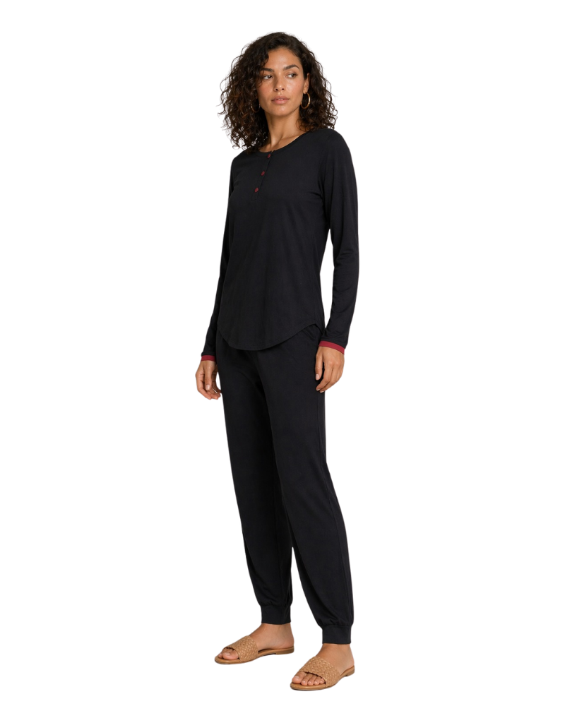 Ellwi Black with Maroon Trim Cotton Pajamas Set