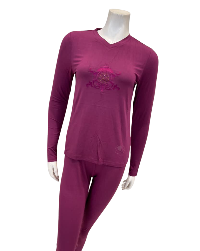 Angelice Plum Royal Embroidery V Neck Modal Pajamas Set