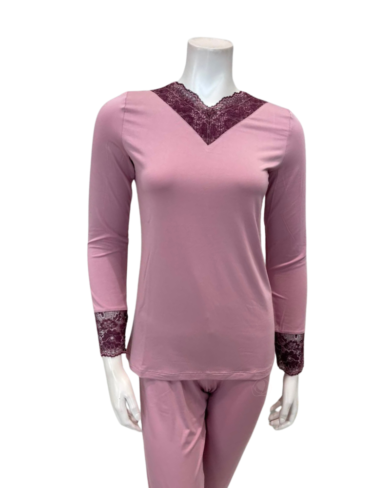 Oh! Zuza Lilac Swirl Design Lace V Neck Modal Pajamas Set