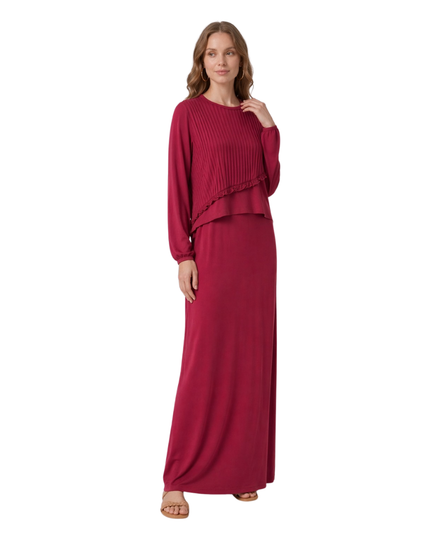 Ellwi Wine Ruffled Pleats Cotton Nursing Nightgown