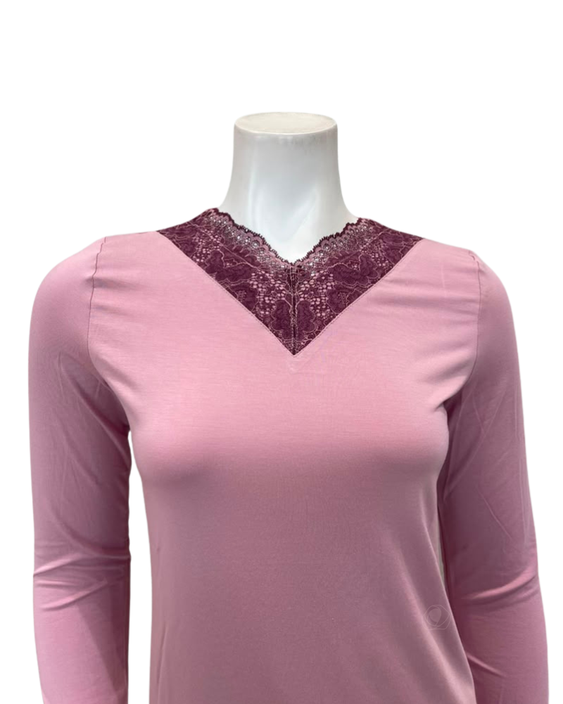 Oh! Zuza Lilac Swirl Design Lace V Neck Modal Pajamas Set