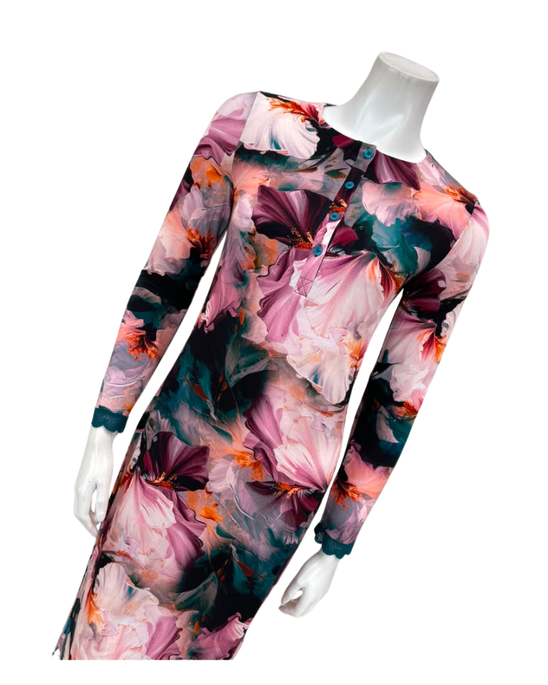 Oh! Zuza Deep Green Floral Long Sleeve Modal Button Down Nightshirt