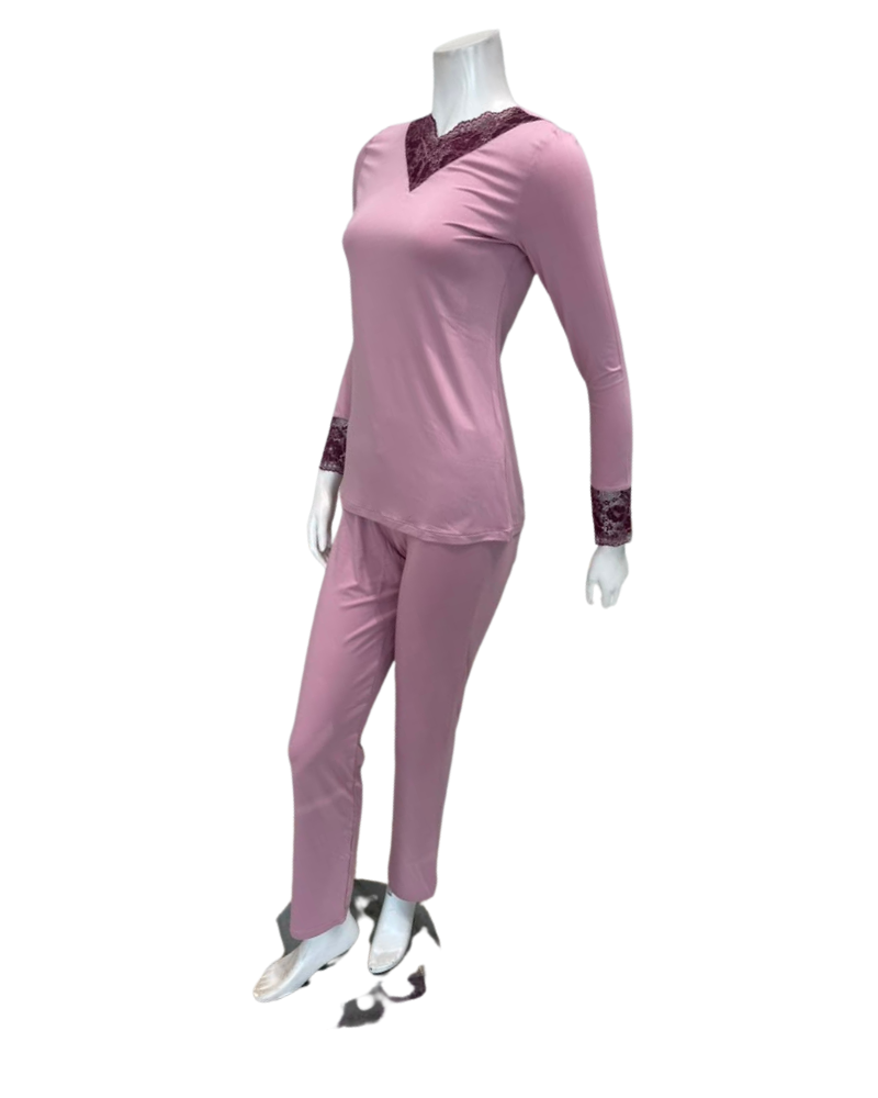 Oh! Zuza Lilac Swirl Design Lace V Neck Modal Pajamas Set
