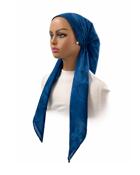 Ahead Cobalt Blue Lime Inkflower Israeli Style Long Tails Pre-Tied Bandanna