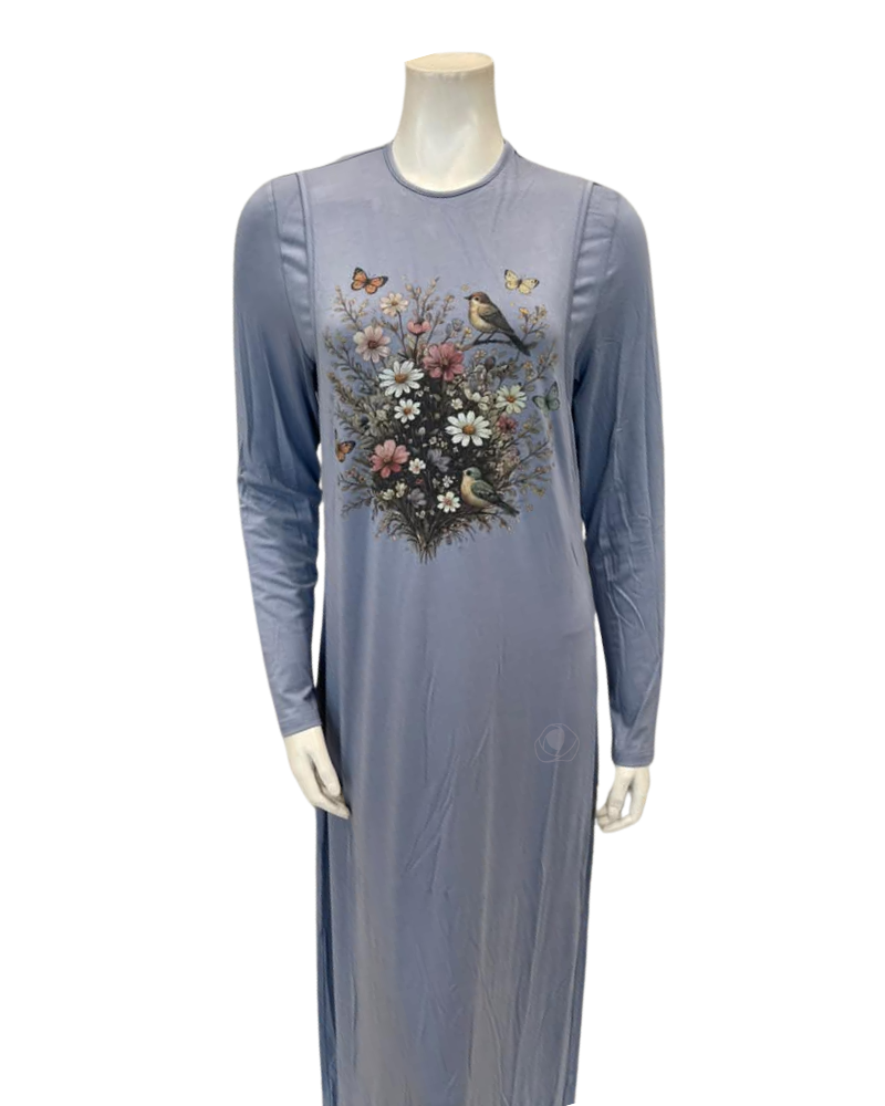 Angelice Pale Blue Garden Print Modal Coverall Nursing Nightgown