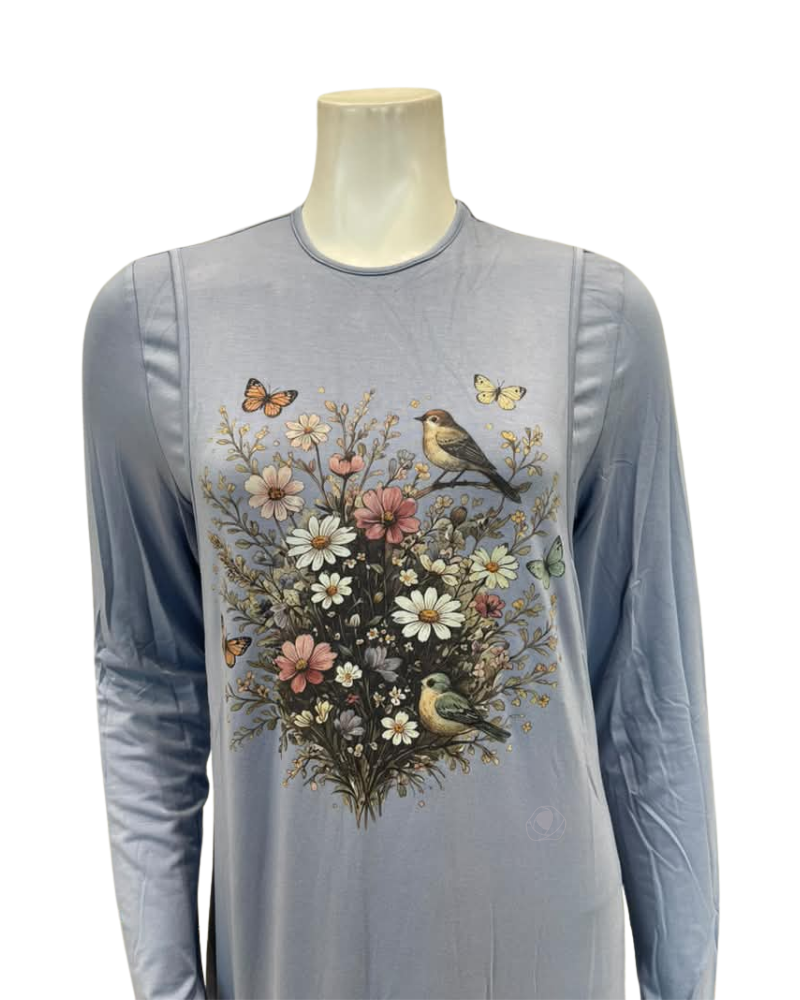 Angelice Pale Blue Garden Print Modal Coverall Nursing Nightgown