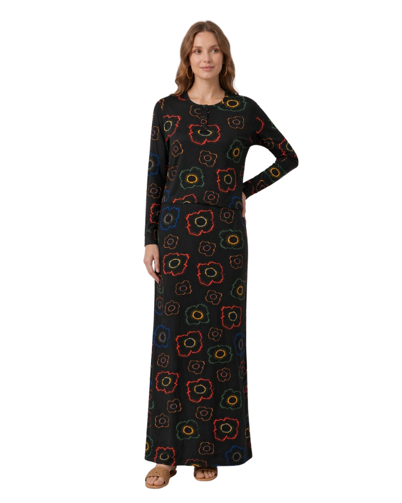 Ellwi Black with Multi Printed Flower Cotton Nursing Nightgown