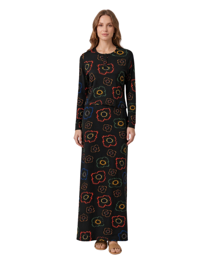 Ellwi Black with Multi Printed Flower Cotton Nursing Nightgown