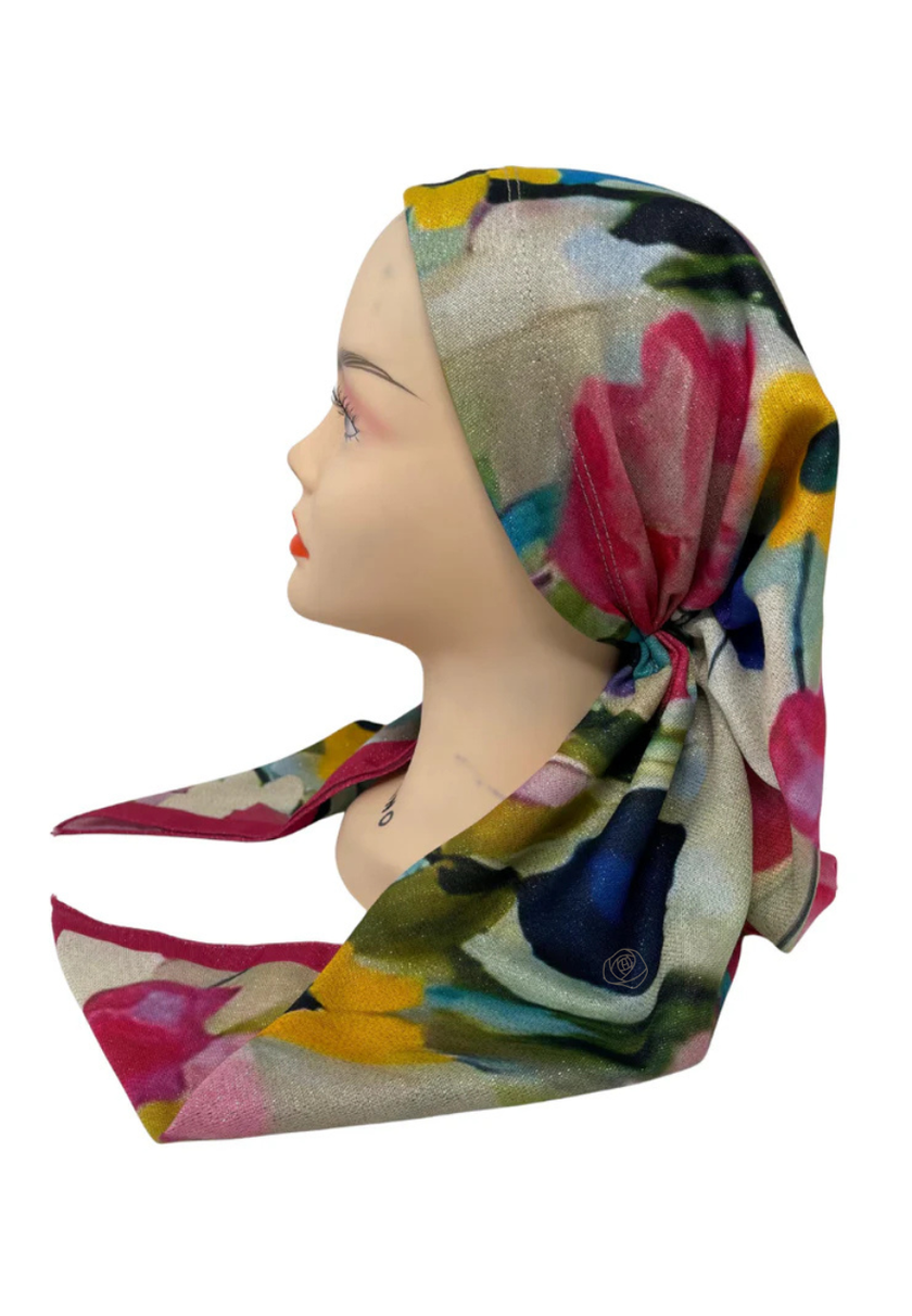 It's Younique OB-SHIM-FLMU Multi Floral Shimmer Pre-Tied Open Back Bandanna with Velvet Grip Myselflingerie.com