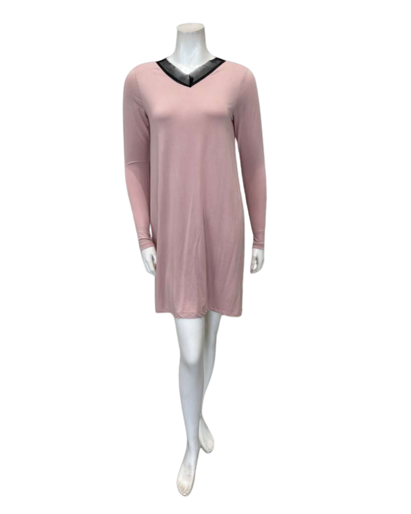 Jackie O'Loungewear Pink V Neck Lace Long Sleeves Modal Nightshirt Myselflingerie.com