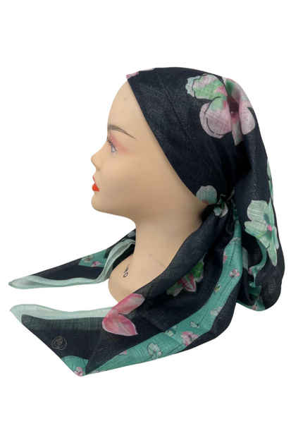 It's Younique OB-FLOW-GN Green Flower Print on Black Shimmer Pre-Tied Open Back Bandanna with Velvet Grip Myselflingerie.com
